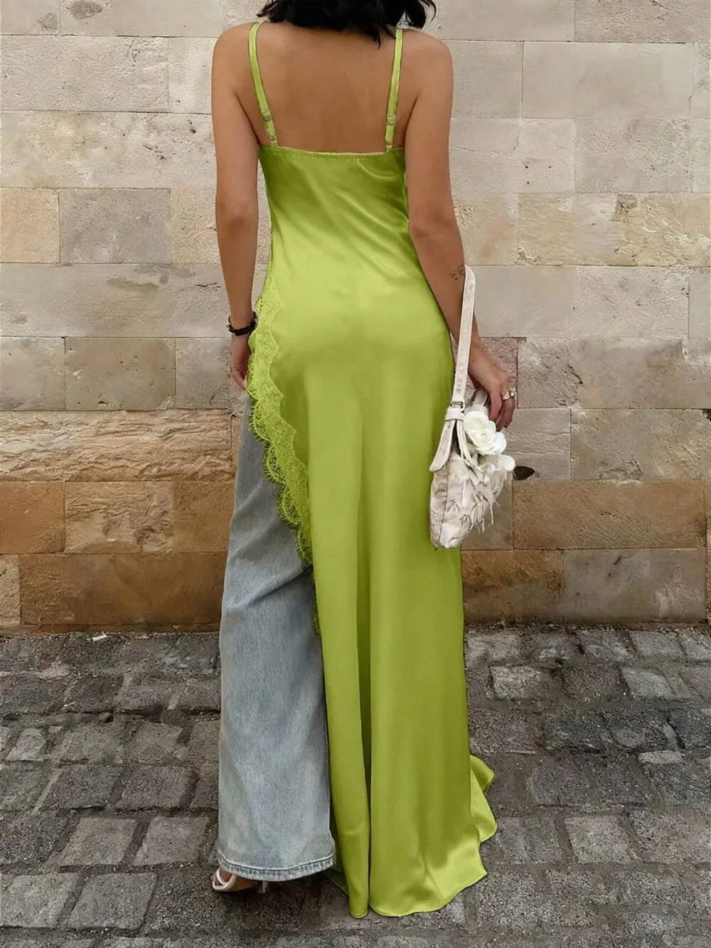 Green Elegant Women's Satin Lace Asymmetric Spaghetti Strap Dress